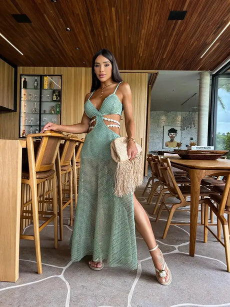 Mesh Long Dress Women Summer Cutout Party Dresses Cover Up Elegant Slim Split Maxi Vestidos Holiday Beach Robe - Lootquake
