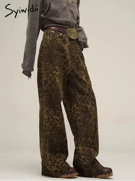 Syiwidii Leopard Print Y2k Jeans Women Oversized Wide Leg Denim Trousers Streetwear Hip Hop Vintage Loose Baggy Designer Jeans - Lootquake