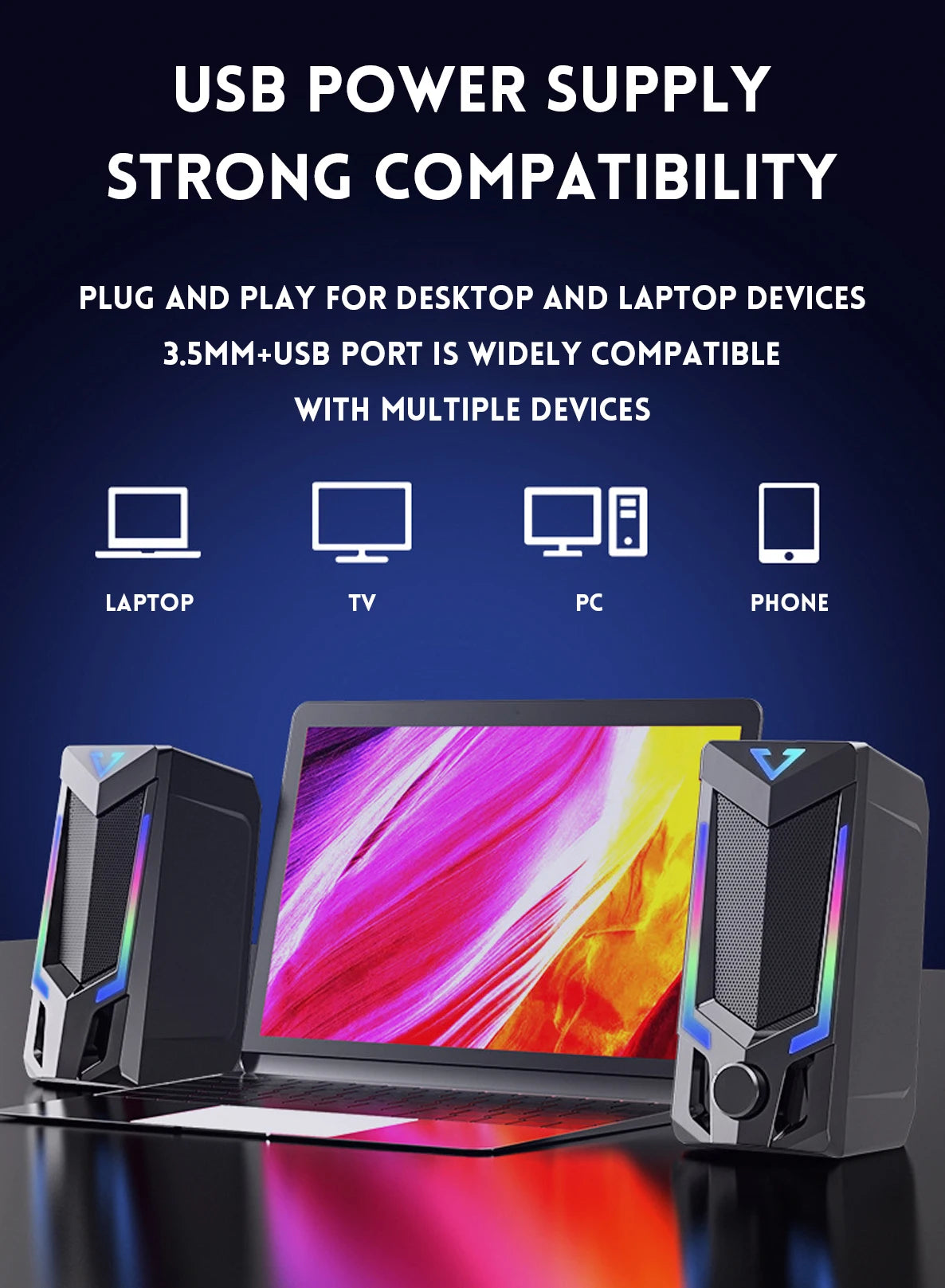 Altavoz para computadora Bluetooth RGB, altavoz para computadora de escritorio, altavoz para computadora portátil, altavoz estéreo de escritorio, alimentación por USB, con LED ambiental