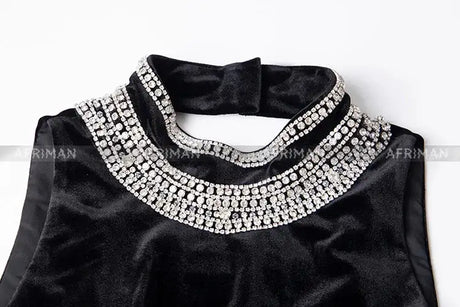 Women Heavy Rhinestone Bead Sexy Backless High Neck Waist Bag Hip Slimming Velvet Long Dress - Lootquake
