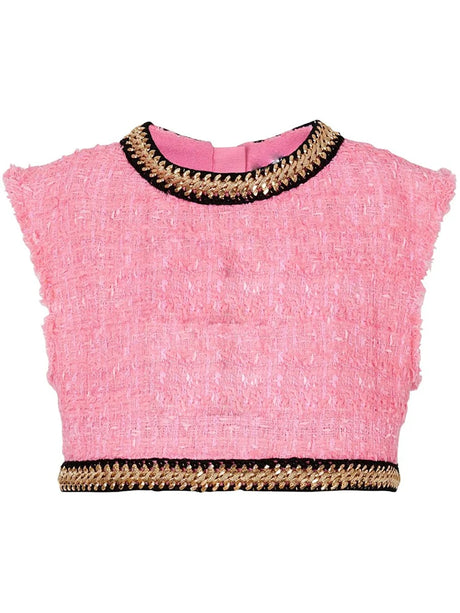 HIGH STREET Newest 2024 Runway Designer Fashion Women's Sleeveless Metal Chains Embellished Tweed Vest Cropped Tank Top - Lootquake