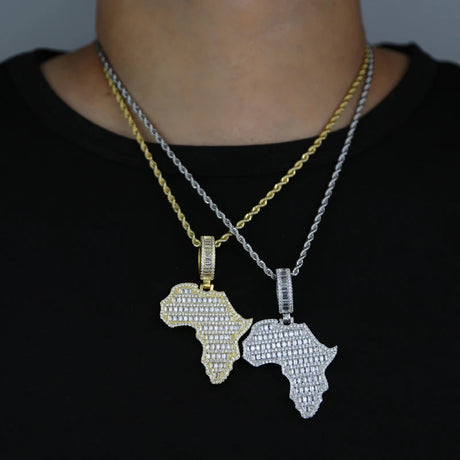 New Arrive Rectangle Cubic Zirconia CZ Paved Bling Africa Map Shaped Pendant Necklace Hip Hop Men Boy Cool Meaning Jewelry - Lootquake