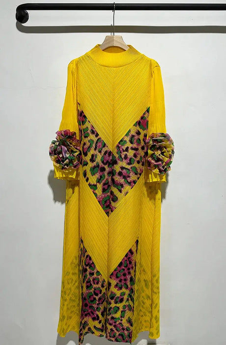 2024 Miyake Fashion Splicing Leopard Print Maxi Dress with Round Neck Hand Shake Flower Horn Sleeves Long Loose Fit Long Dress - Lootquake