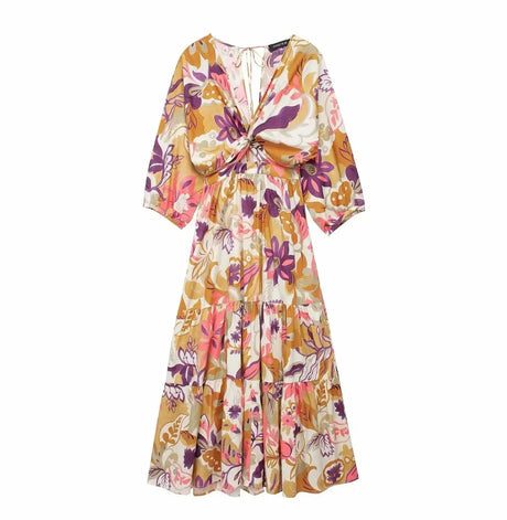TRAFZA Vintage Flower Print Long Dress Women V Neck Short Sleeve Hollow Out Sexy Beach Dress Fashion 2024 Summer Holiday Dress - Lootquake