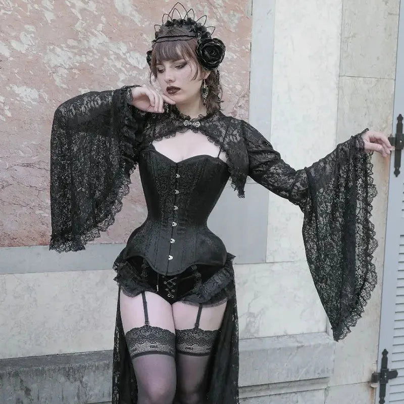 Lace Shrugs Sheer Crop Tops Long Bell Sleeves Cardigan Women Dark Gothic Wedding Punk Sexy Crochet Bolero Cover Up Shirt - Lootquake