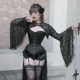 Lace Shrugs Sheer Crop Tops Long Bell Sleeves Cardigan Women Dark Gothic Wedding Punk Sexy Crochet Bolero Cover Up Shirt - Lootquake