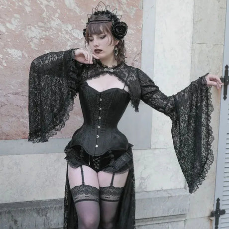 Lace Shrugs Sheer Crop Tops Long Bell Sleeves Cardigan Women Dark Gothic Wedding Punk Sexy Crochet Bolero Cover Up Shirt - Lootquake
