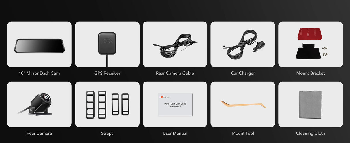 WOLFBOX G930 Caméra de tableau de bord 10 pouces Wifi 4K DVR pour voiture FOV 140° Caméra de tableau de bord avec rétroviseur, vue de stationnement 24h/24, écran tactile, enregistreur vidéo