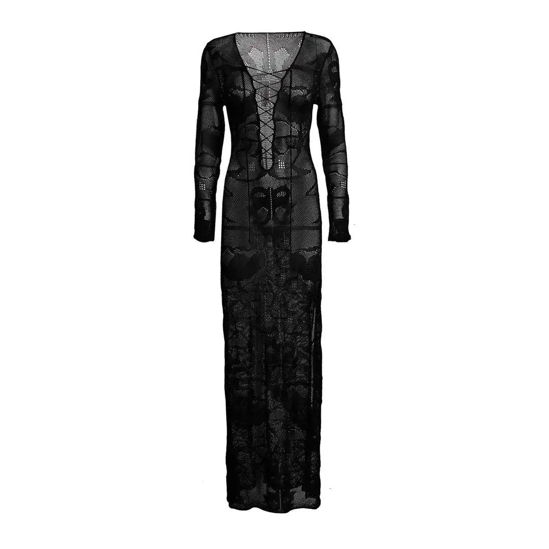 Vestido de mujer con escote en V profundo, manga larga, encaje, abertura, tejido a crochet, malla transparente, sexy, ajustado, largo, V4146B