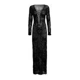 Vestido de mujer con escote en V profundo, manga larga, encaje, abertura, tejido a crochet, malla transparente, sexy, ajustado, largo, V4146B