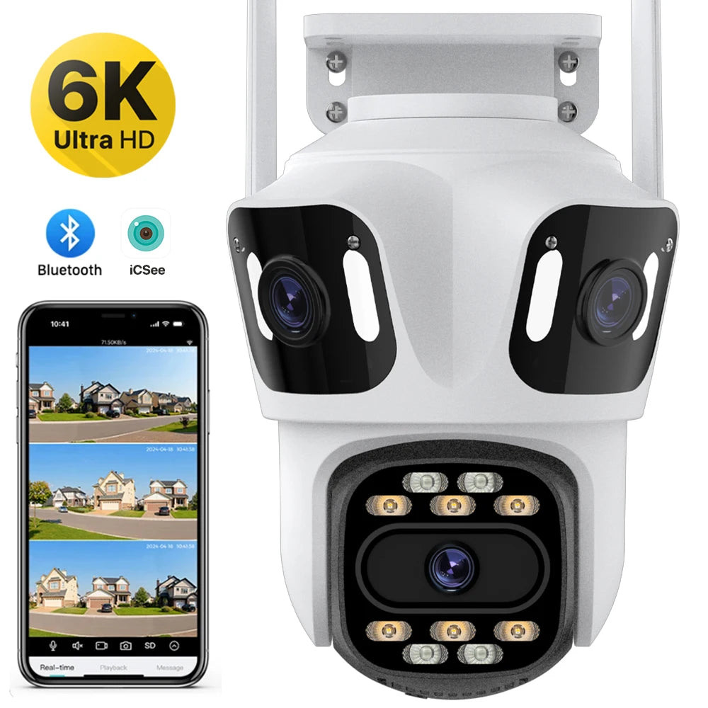 Caméra IP PTZ extérieure à trois objectifs, 6K HD, trois écrans, WiFi, suivi automatique, double objectif 4K, caméra de vidéosurveillance sans fil iCsee