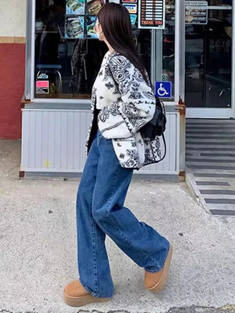 「MD」Retro High Waist Slimming Straight Leg Casual Washed Denim Jeans Women's Chic Spring Versatile Wide Leg Casual Loose Fit - Lootquake