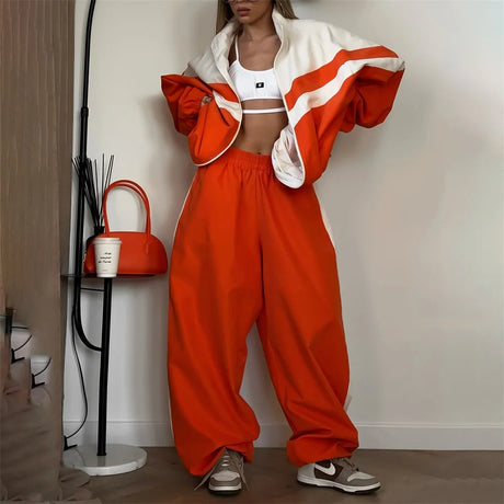 Autumn Winter Long Sleeve Zipper Sports Pant Sets Women Patchwork Hip-Hop Ladies Street Loose 2 Piece Sets Women Outfit 2024 New - Lootquake