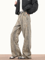 American Style Leopard Wash Jeans Women Y2K Retro Street Hot Girl Loose Casual Pants High Waist Straight Leg Jeans - Lootquake