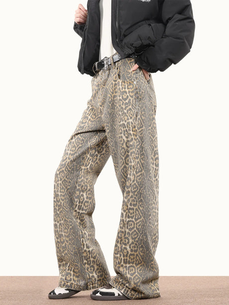 American Style Leopard Wash Jeans Women Y2K Retro Street Hot Girl Loose Casual Pants High Waist Straight Leg Jeans - Lootquake