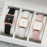 3PCs/Set Women's Fashion Watch Square Simple Dial Leather Quartz Watch Set - Lootquake