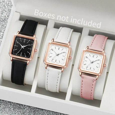 3PCs/Set Women's Fashion Watch Square Simple Dial Leather Quartz Watch Set - Lootquake