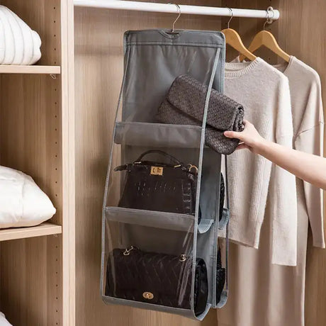 6 Pocket Hanging Handbag Organizer For Wardrobe Closet Gray Waterproof Storage Bag Door Wall Clear Sundry Bag With Hanger Pouch - Lootquake