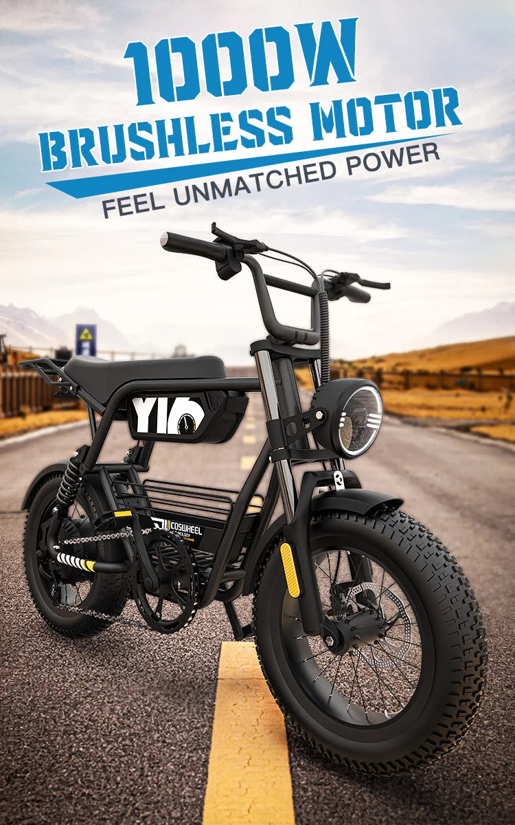 Bicicleta eléctrica para adultos Coswheel Y16, 1000 W, batería de 48 V y 15 Ah, bicicleta de montaña eléctrica de 16 pulgadas con neumáticos anchos.