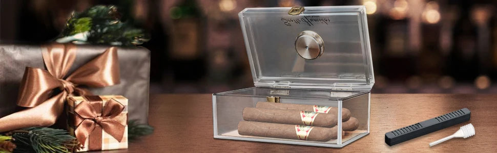 Boîte à cigares Scotte en acrylique avec hygromètre et humidificateur pour 20 cigares. Comprend un coupe-cigare et des accessoires pour perforer les cigares.