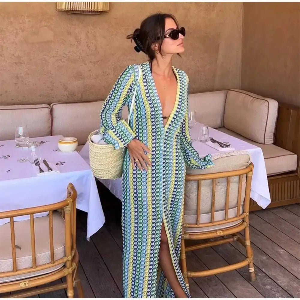 Striped Hooked Crochet Knit Long Dress Women Autumn Long Sleeve A Line Vestidos Female Vintage Commuter Slim Dresses - Lootquake