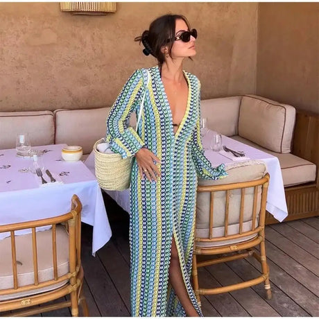 Striped Hooked Crochet Knit Long Dress Women Autumn Long Sleeve A Line Vestidos Female Vintage Commuter Slim Dresses - Lootquake