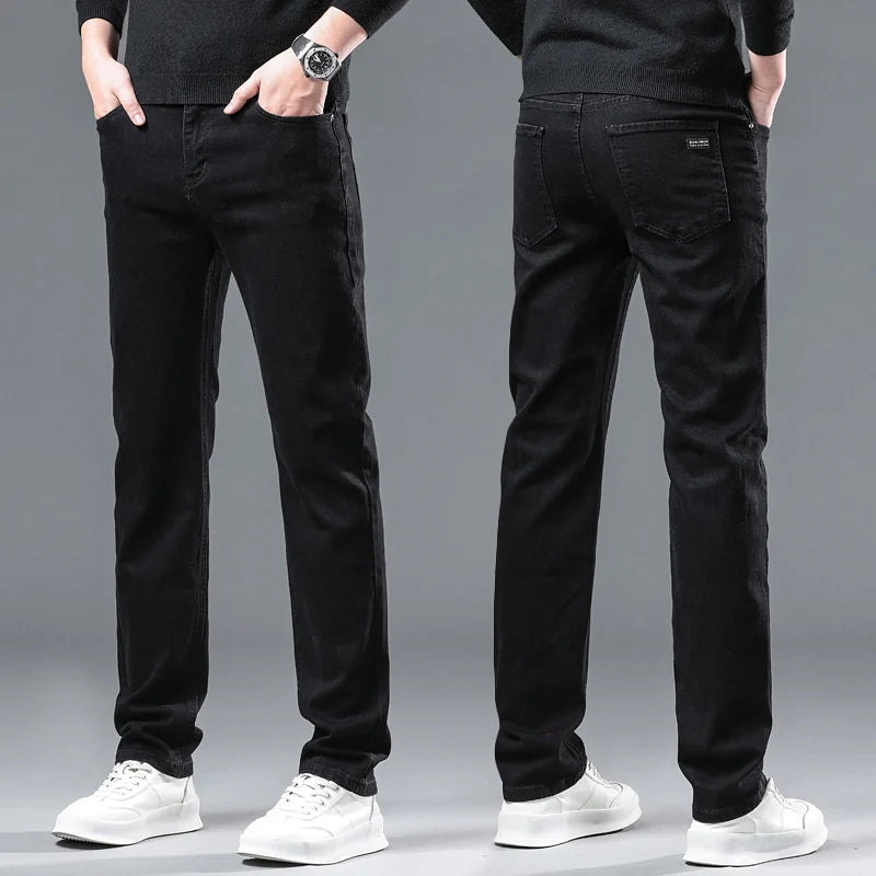 2024 New Winter Pure Black Fleece Thick Warm Jeans Men's loose Straight Elastic Denim Pants classics Casual Plush Trousers - Lootquake