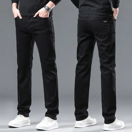 2024 New Winter Pure Black Fleece Thick Warm Jeans Men's loose Straight Elastic Denim Pants classics Casual Plush Trousers - Lootquake