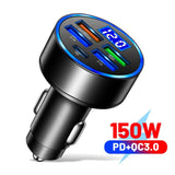 66-250W PD Car Charger QC3.0 Fast Charge with Digital Display 4USB and 2PD Ports for Car Cigarette Lighter Plug