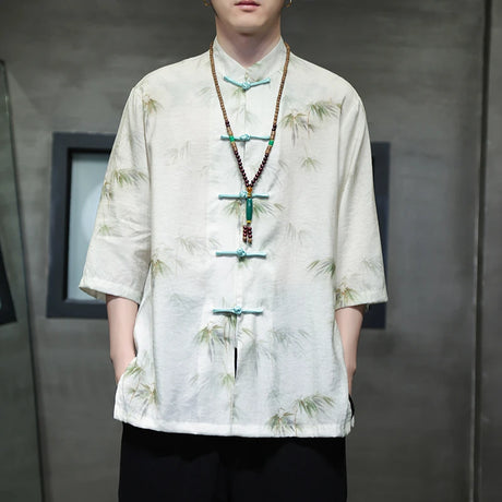 M-5XL Plus Size Mens Chinese Traditional Floral Printed Tang Shirts Frog Button Down Kong Fu Half Sleeve Summer Clothing XXXXXL - Lootquake