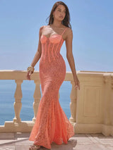 Mozision Floral Lace Sexy Maxi Dress For Women Orange Spaghetti Strap Sleeveless Backless Bodycon Club Party Long Dress Elegant - Lootquake