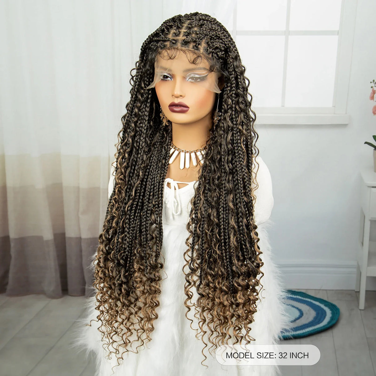 36" Knotless Box Braids Wig | Bohemian Style | Curly Ends | Lace Front | With Baby Hair | For Black Women