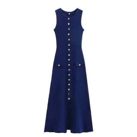 TRAFZA Women Elegant Solid Sleeveless Knitted Long Dress Fashion Single Breasted O Neck Dresses Female Chic Slim Midi Tank Dress - Lootquake