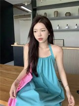 Vestido de vacaciones de verano estilo tailandés con espalda abierta, cuello halter, antiedad, para fotografía, playa, largo, con cinturón