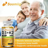 Cápsulas de vitamina D3 (5000 UI) y 200 mcg de vitamina K2 (MK-7) para la absorción de calcio, la regeneración ósea y el refuerzo inmunitario. Fáciles de disolver.