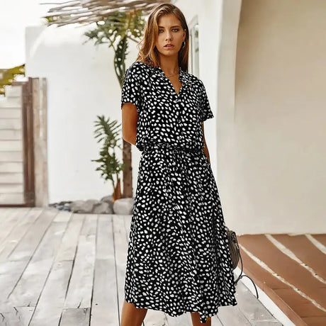 Vintage Floral Print Dress Women Boho Short Sleeve Long Dress Turn Down Collar Casual Waistband Shirt Dresses Robe 2021 Summer - Lootquake