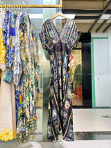 Women New V Neck Crystal Beaded Short Sleeve Retro Cartoon Print Elastic High Waist Silk Long Dress - Lootquake