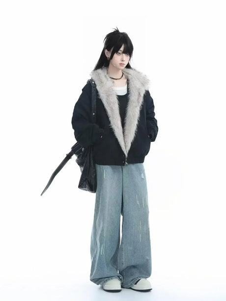 Winter New Plush Jacket American Retro Mao Collar Hooded Jackets Women Street Hip hop Gothic Harajuku Casual Cotton-Padded Coat - Lootquake