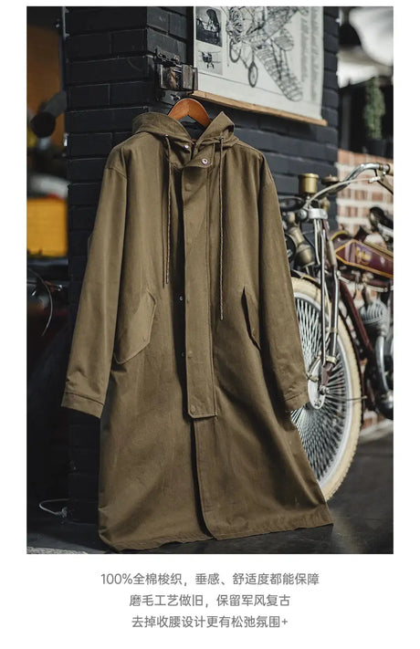 Maden Retro M51 Hooded Windbreaker Loose Fit Cotton Zipper Mid-length Jacket Versatile Solid Color Outerwear for Men's Autumn - Lootquake