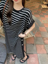 2024 New Casual Korean Striped O-neck Short Sleeve Long Dress Ladies Simplicity Patchwork Loose Tshirt Dress Women Clothing - Lootquake