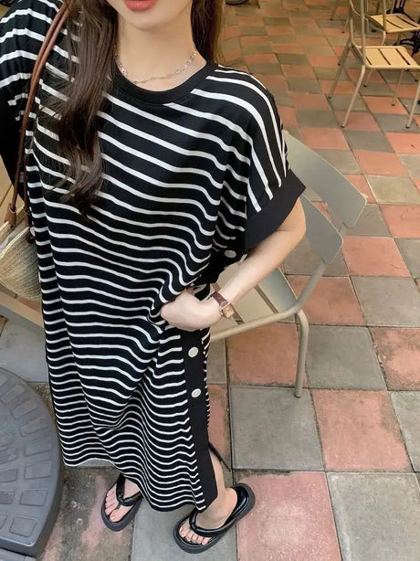 2024 New Casual Korean Striped O-neck Short Sleeve Long Dress Ladies Simplicity Patchwork Loose Tshirt Dress Women Clothing - Lootquake
