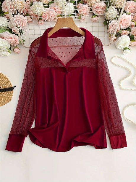 Mesh Splicing Collared Blouse, Elegant Long Sleeve Slim Top For Spring & Fall, Women's Clothing - Lootquake