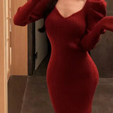 YuooMuoo Chic Fashion Elegant Knitted Long Dress with Neck Scarf 2024 Autumn Winter Ribbed Office Lady Bodycon Sweater Vestidos - Lootquake