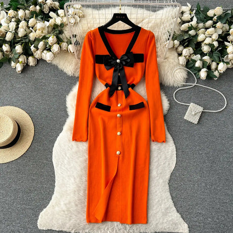 SINGREINY Office Lady Sweater Long Dress 2023 Bow Single Breasted Elastic Split Women Autumn Dress Fashion Senior Knitted Dress - Lootquake