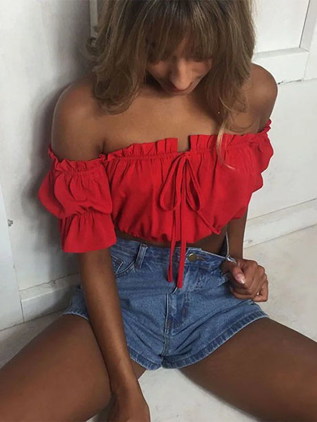 crop tops women 2019 summer lantern sleeve sexy strapless beach tops  red black white ruched crop top tank top croptop - Lootquake
