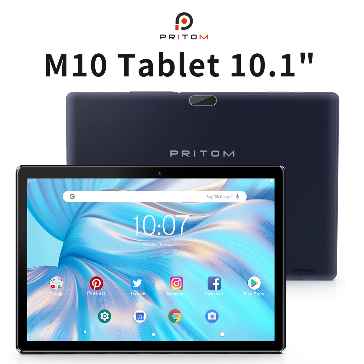 Tablette PRITOM Android 10 10,1 pouces 2 Go RAM 64 Go ROM Processeur Quad Core Écran HD IPS Caméra arrière 8,0 MP WiFi