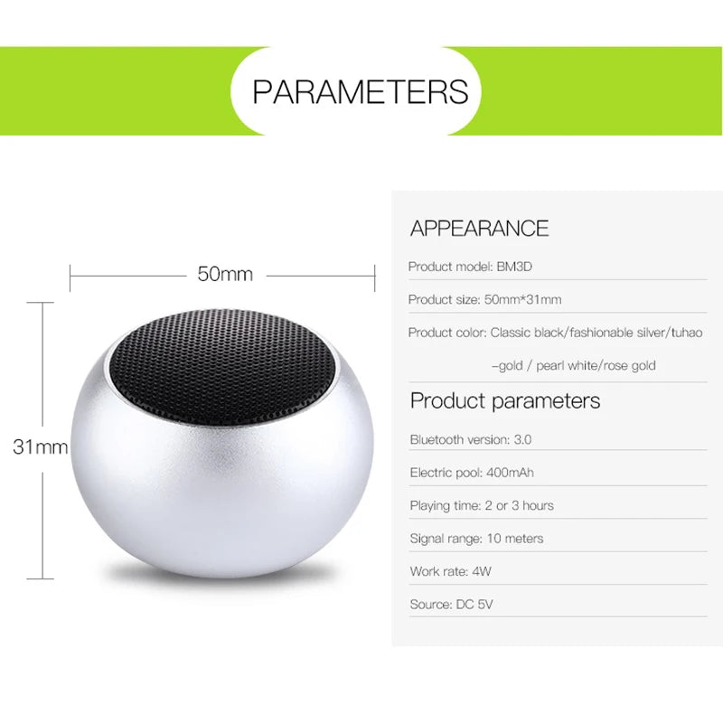 Altavoces inalámbricos Bluetooth TWS manos libres, altavoz portátil para teléfono celular, pequeño subwoofer, caja de sonido de graves, mini caja de sonido de metal