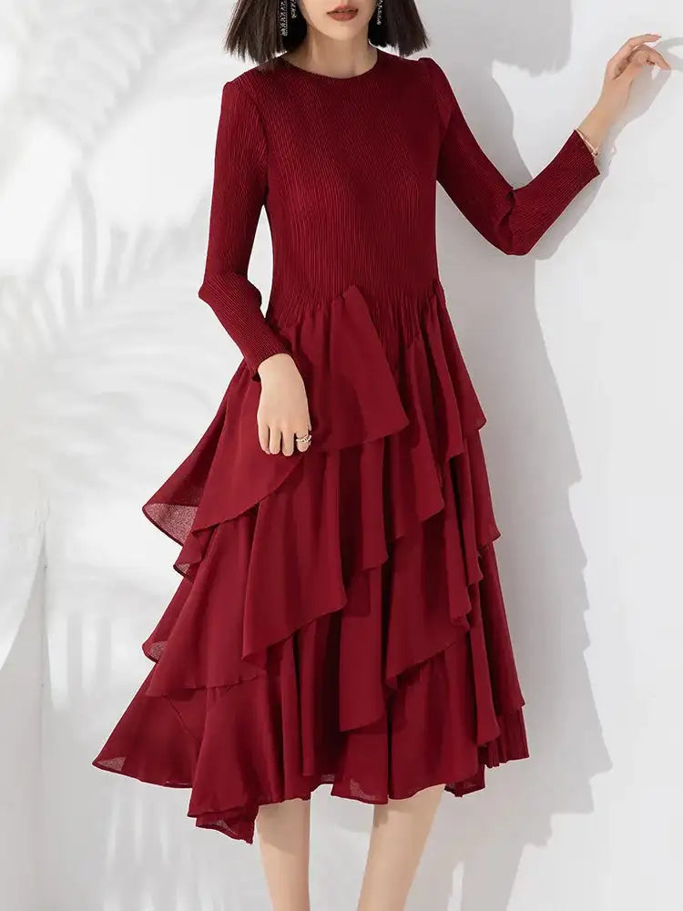 LANMREM Elegant Pleated Long Dress For Women Round Neck Long Sleeves Ruffles A-line Dresses Fashion 2025 Spring New 32C2026 - Lootquake