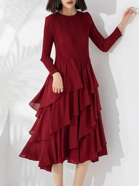 LANMREM Elegant Pleated Long Dress For Women Round Neck Long Sleeves Ruffles A-line Dresses Fashion 2025 Spring New 32C2026 - Lootquake