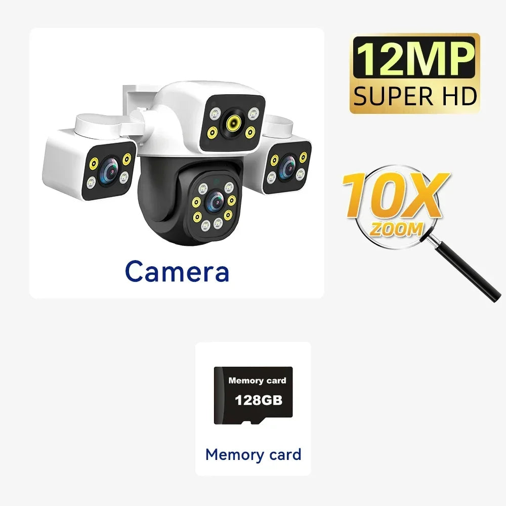 Cámara WiFi para exteriores 6K de 12 MP, tres pantallas, tres lentes, zoom 10X, PTZ, seguimiento automático, alarma visual audible, cámara de seguridad